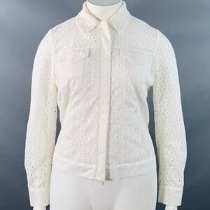 ANNE FONTAINE Size L Ugoline White Cotton Eyelet Hidden Zipper Trucker Jacket